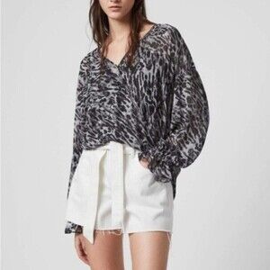 All Saints Blouse Womens Small Animal Print Penny Ambient Lightweight Top V neck
